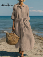 Women's Casual Linen Cotton Pleated Pocket 3/4 Sleeve Dress