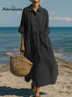Women's Casual Linen Cotton Pleated Pocket 3/4 Sleeve Dress