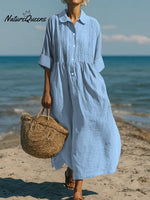 Women's Casual Linen Cotton Pleated Pocket 3/4 Sleeve Dress