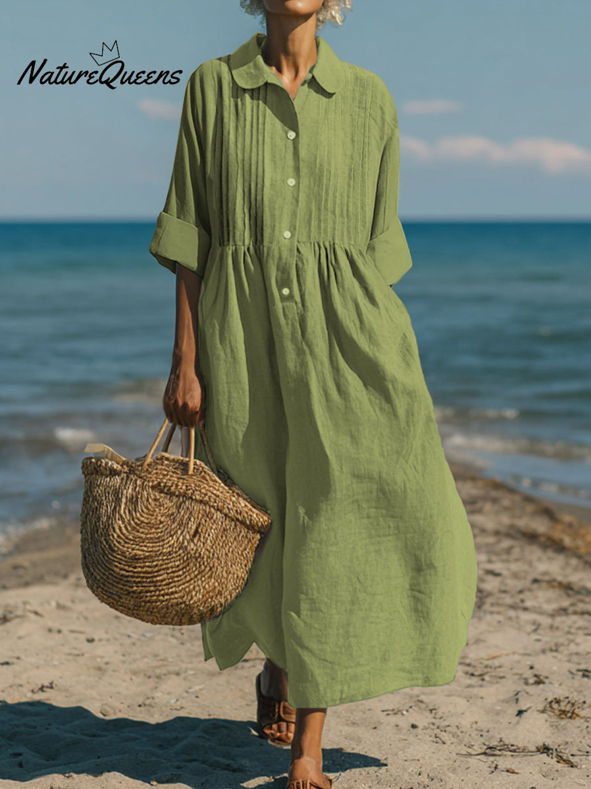 Women's Casual Linen Cotton Pleated Pocket 3/4 Sleeve Dress