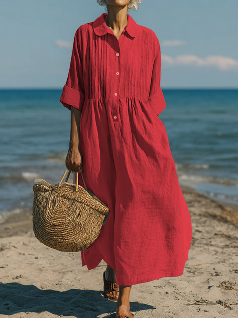 Women's Casual Linen Cotton Pleated Pocket 3/4 Sleeve Dress
