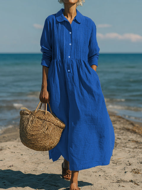 Women's Casual Linen Cotton Pleated Pocket Long Sleeve Dress
