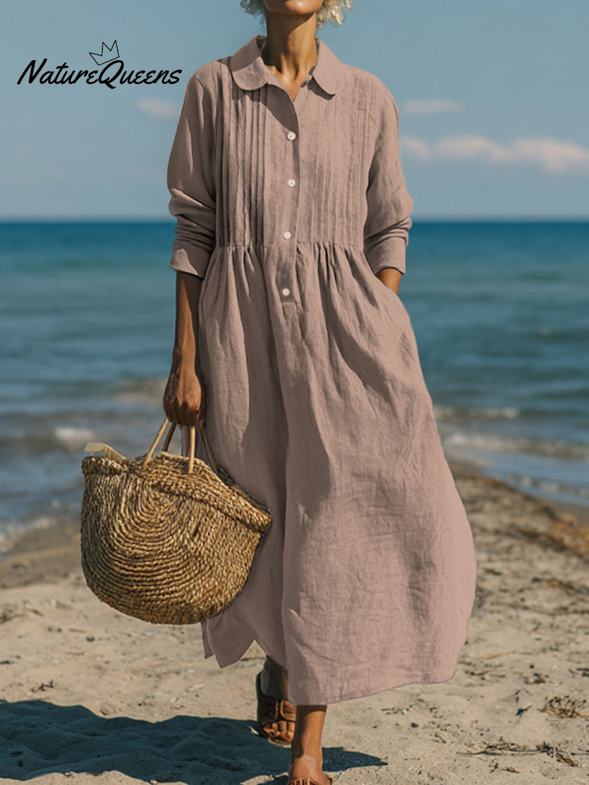 Women's Casual Linen Cotton Pleated Pocket Long Sleeve Dress