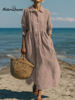 Women's Casual Linen Cotton Pleated Pocket Long Sleeve Dress