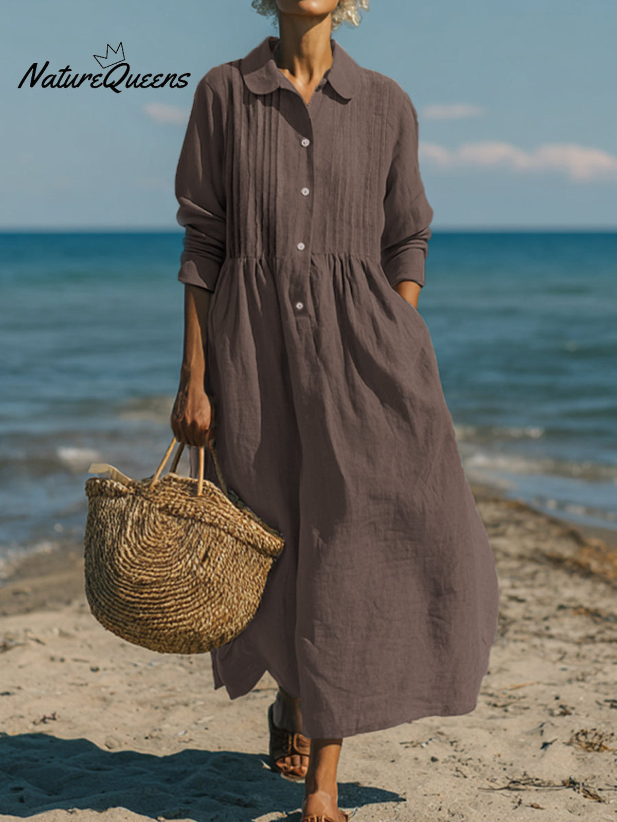 Women's Casual Linen Cotton Pleated Pocket Long Sleeve Dress