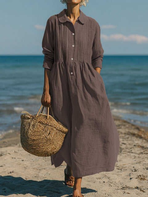Women's Casual Linen Cotton Pleated Pocket Long Sleeve Dress