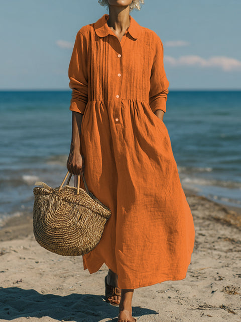 Women's Casual Linen Cotton Pleated Pocket Long Sleeve Dress