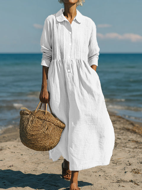 Women's Casual Linen Cotton Pleated Pocket Long Sleeve Dress