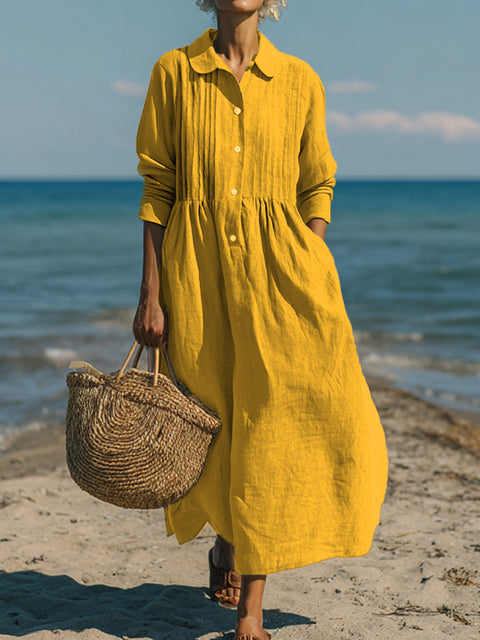 Women's Casual Linen Cotton Pleated Pocket Long Sleeve Dress