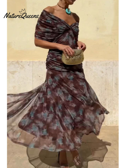 Women's Floral Print Elegant Stretch-mesh Maxi Dress