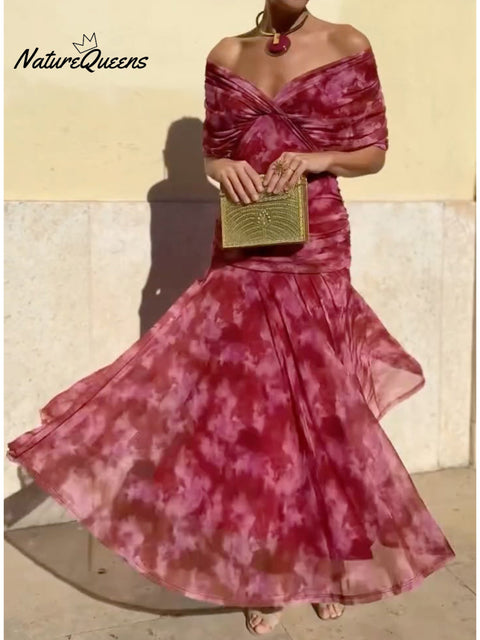 Women's Floral Print Elegant Stretch-mesh Maxi Dress