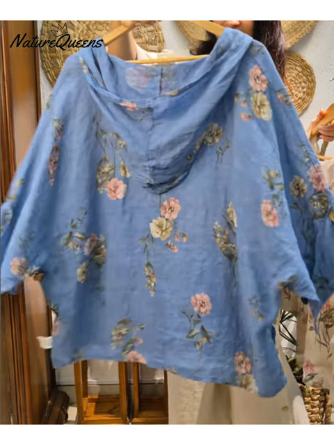 Women's Floral Print Cotton and Linen Hooded Jacket