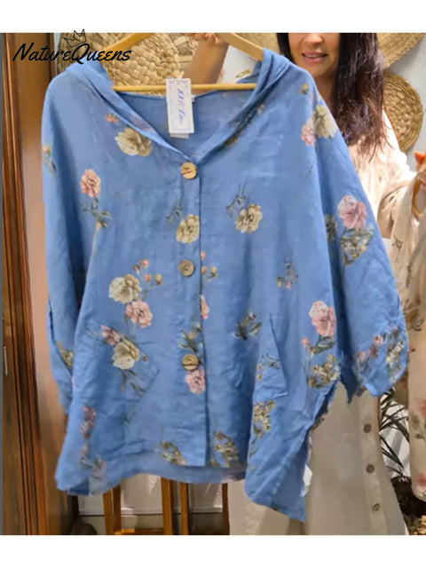 Women's Floral Print Cotton and Linen Hooded Jacket
