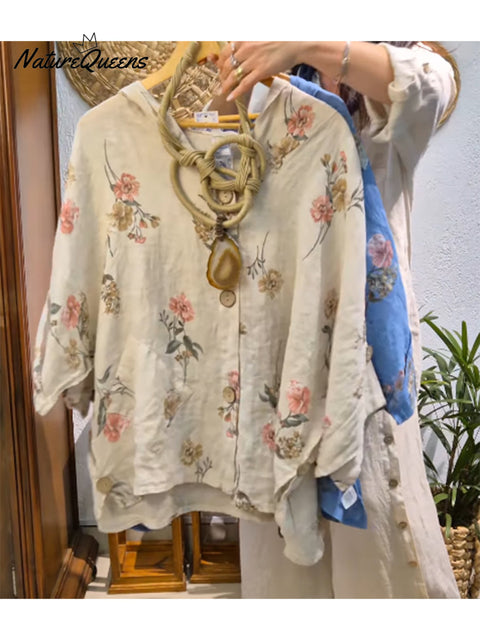 Women's Floral Print Cotton and Linen Hooded Jacket