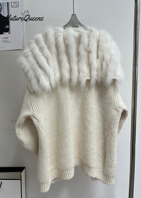 Beige Button Pockets Patchwork Knit Fall Coat Fox Collar