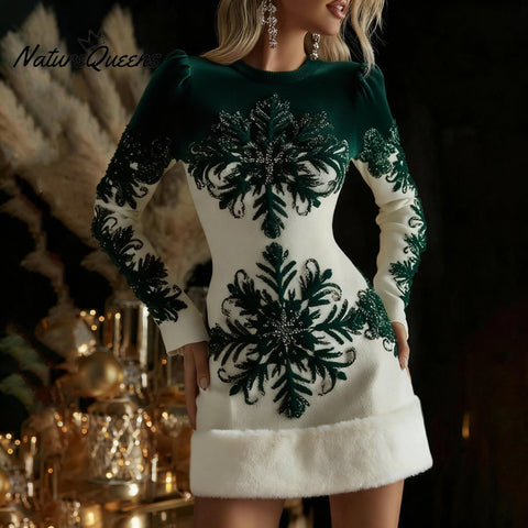 Women's Christmas Snowflakes Art Fur Trim Sweater Midi Dress