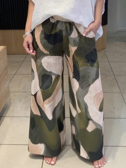 Color Block Print Elastic Waist Linen Trousers