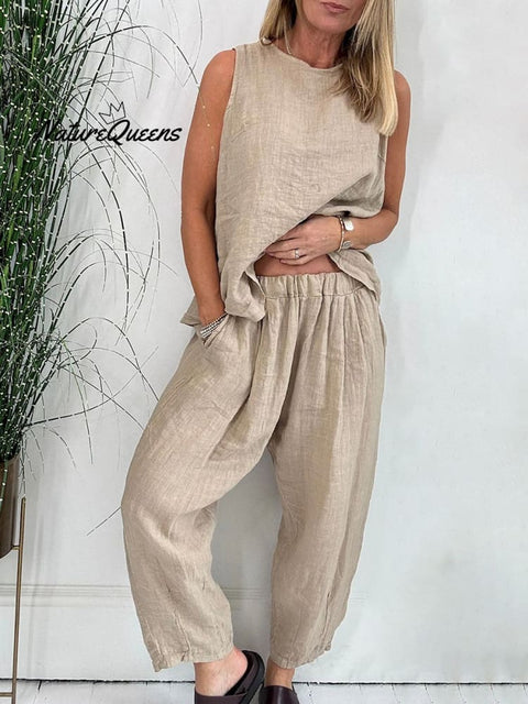 Cotton and linen sleeveless casual two-piece set