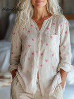 Women's Cotton and Linen Valentine's Day Heart Print Shirt