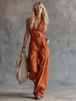 Casual Fashion Western V-neck Front-button Sleeveless Rust-orange Denim Jumpsuit