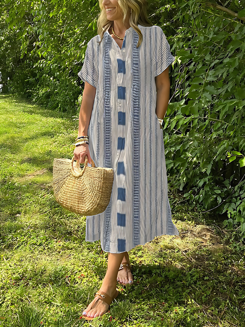 Striped Lapel Button Up Dress