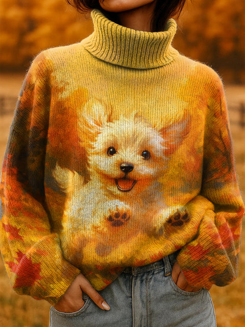 Women's Dog Print Turtleneck Knit Sweater