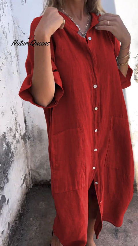 Shirt Style Casual Long Dress Red / S(Us 6 - 8)