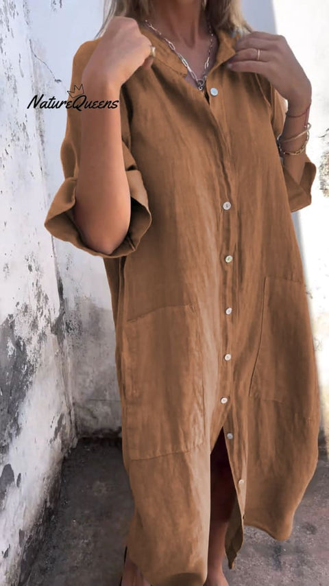 Shirt Style Casual Long Dress Khaki / S(Us 6 - 8)