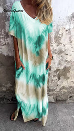 Tie - Dye V - Neck Long Comfortable Dress Cyan / S(Us 6 - 8)