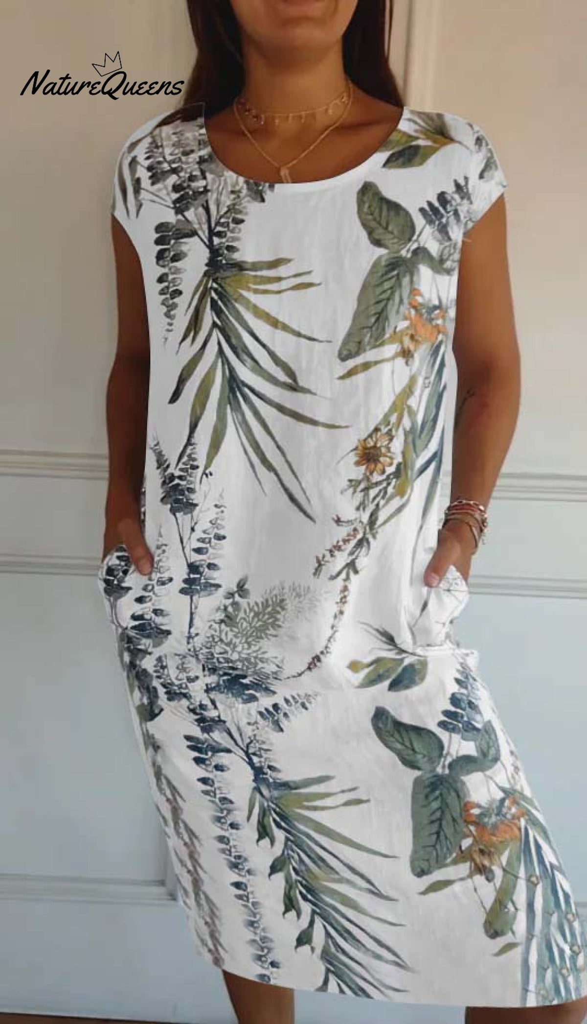 Women’s Cotton And Linen Round Neck Printed Dress White / S(Us 6 - 8) Long Dress