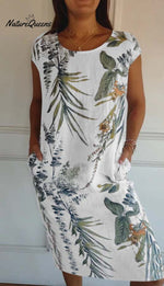 Women’s Cotton And Linen Round Neck Printed Dress White / S(Us 6 - 8) Long Dress