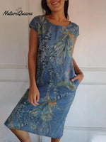 Women’s Cotton And Linen Round Neck Printed Dress Blue / S(Us 6 - 8) Long Dress