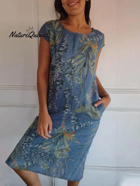 Women’s Cotton And Linen Round Neck Printed Dress Blue / S(Us 6 - 8) Long Dress