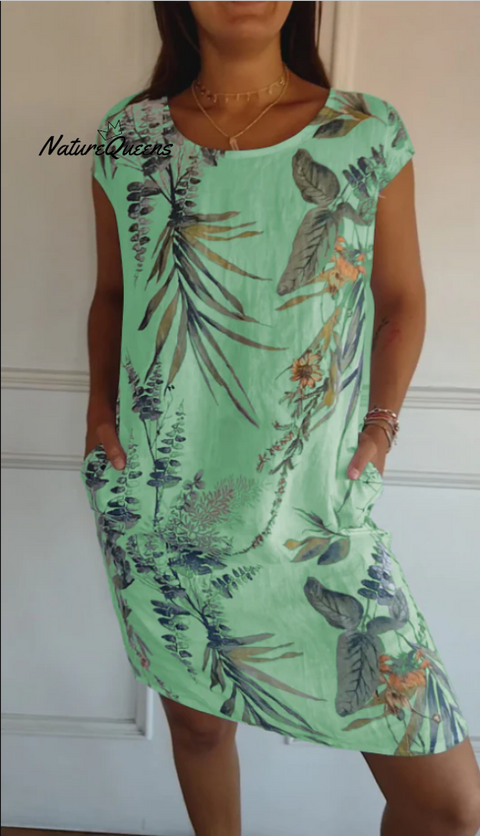 Women’s Cotton And Linen Round Neck Printed Dress Green / S(Us 6 - 8) Midi Dress