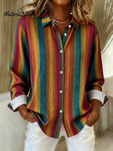 Women's Casual Striped Print Lapel Long Sleeve Shirt