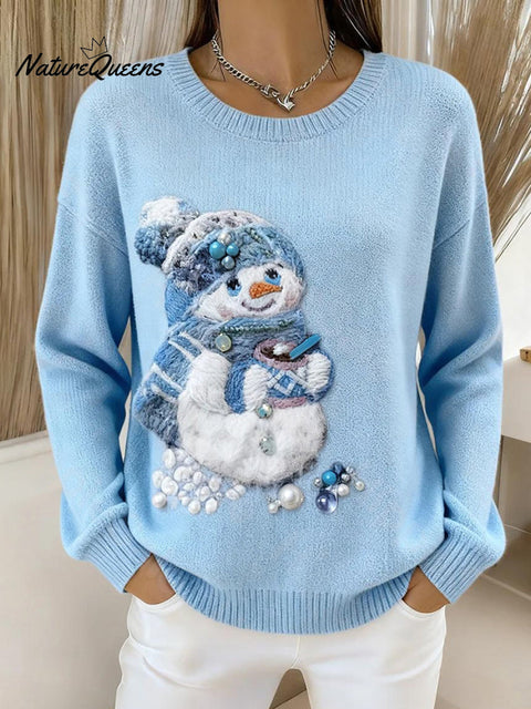 Women's Christmas Snowman Art Cozy Knit Pullover Sweater