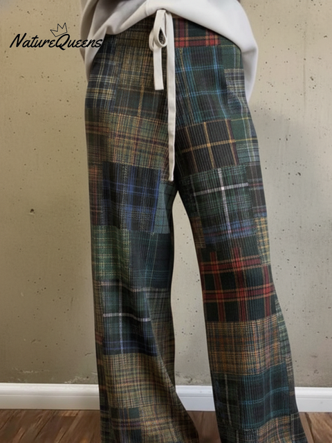 Women's Art Plaid Patchwork Printed Knitted Stretch Pants