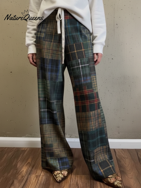 Women's Art Plaid Patchwork Printed Knitted Stretch Pants