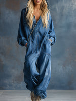 Casual Loose-fit Hooded Blue Denim Button-front Long-sleeved Jumpsuit