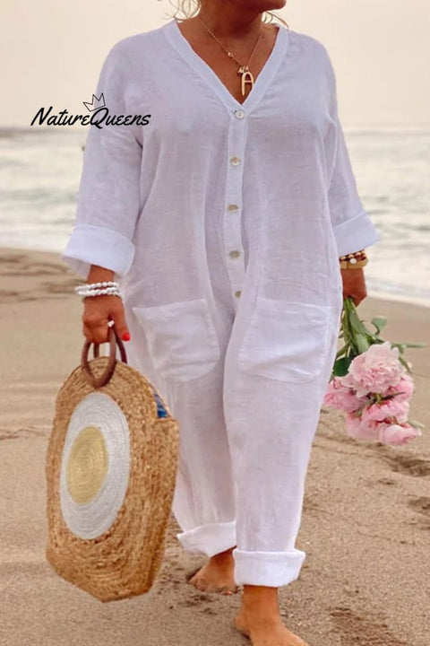 Casual Vacation Solid Pocket Buckle V Neck Loose Jumpsuits