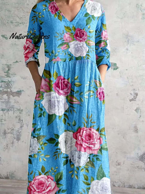 Women's Rose Floral V-Neck Resort Dress