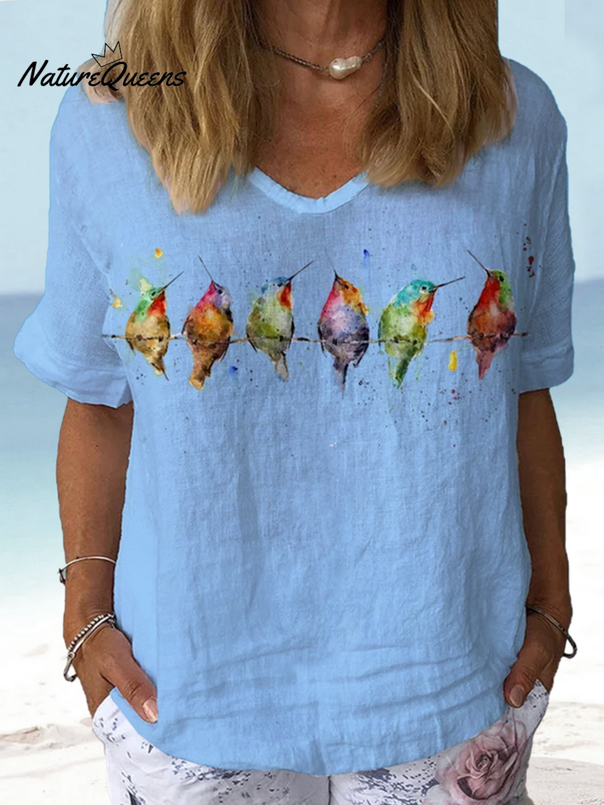 Jfn Cotton & Linen Watercolor Hummingbirds Print Lounge Top Blue / S(4)