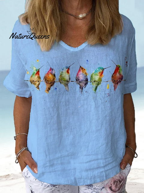 Jfn Cotton & Linen Watercolor Hummingbirds Print Lounge Top Blue / S(4)