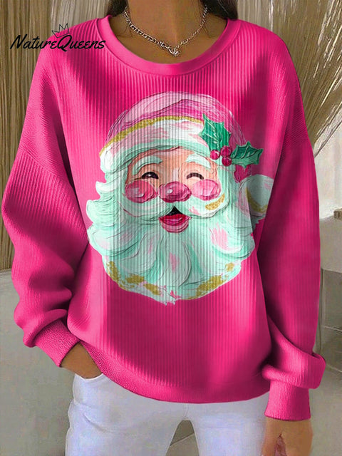 Women's Santa Oil Painting Design Print Knitted Crew Neck Long Sleeve Top