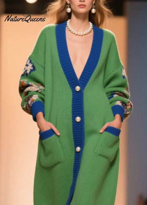 Beautiful Green V Neck Print Button Knit Loose Coat Winter