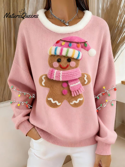 Women's Christmas Gingerbread Print Crew Neck Casual Sweatshirt