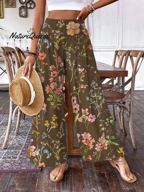 Women's Simple Elegant Floral Print Pattern Cotton Wide Leg Pants