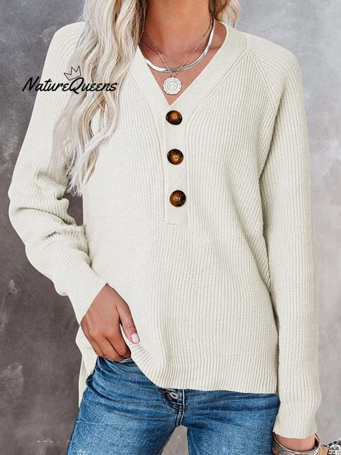 🧹Women'S Solid Color Casual V-Neck Pullover Sweater