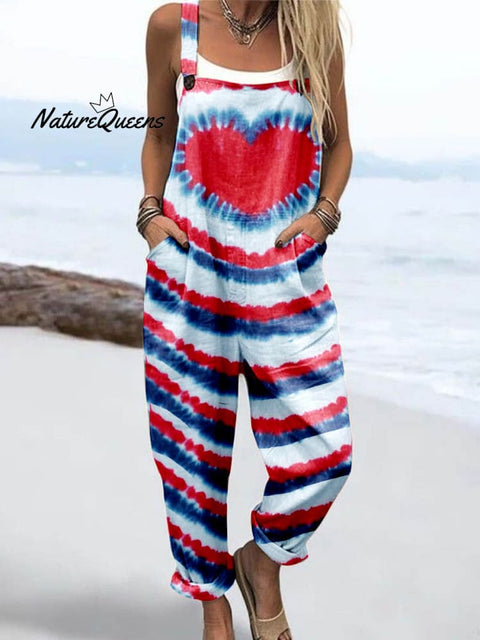 Wome'S Independence Day Heart Tie-Dye Pattern Print Casual Cotton Wide Leg Jumpsuit