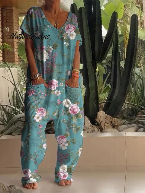 Casual Floral Print V-neck Jumpsuit